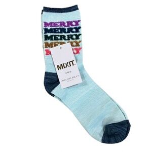 New - Mixit Merry Merry Crew Socks in Blue and Multicolor Text